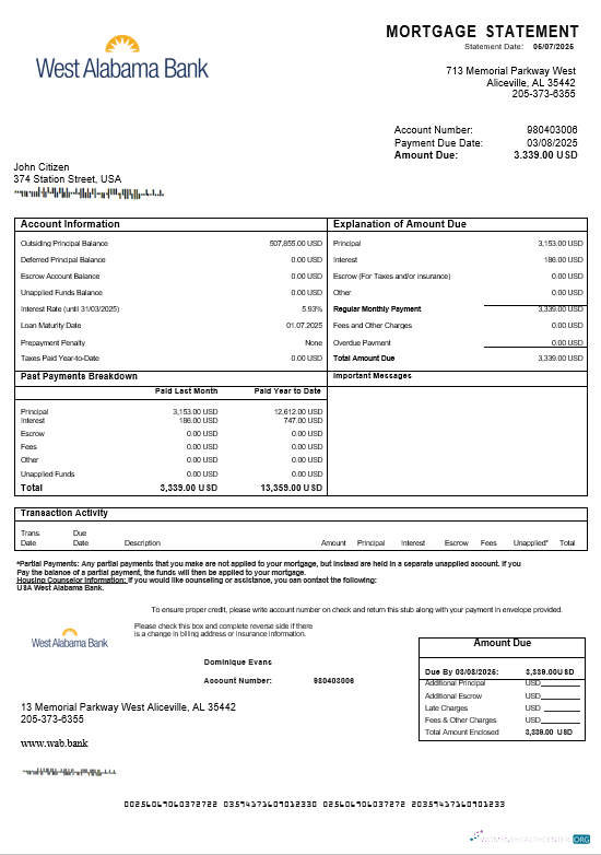 Download USA West Alabama bank mortgage statement in Word and PDF formats Photoshop template